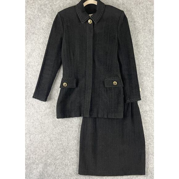Vintage St John Sport Marie Jacket Skirt Set Womens 2 Black Gold Button FLAWED - Picture 1 of 16